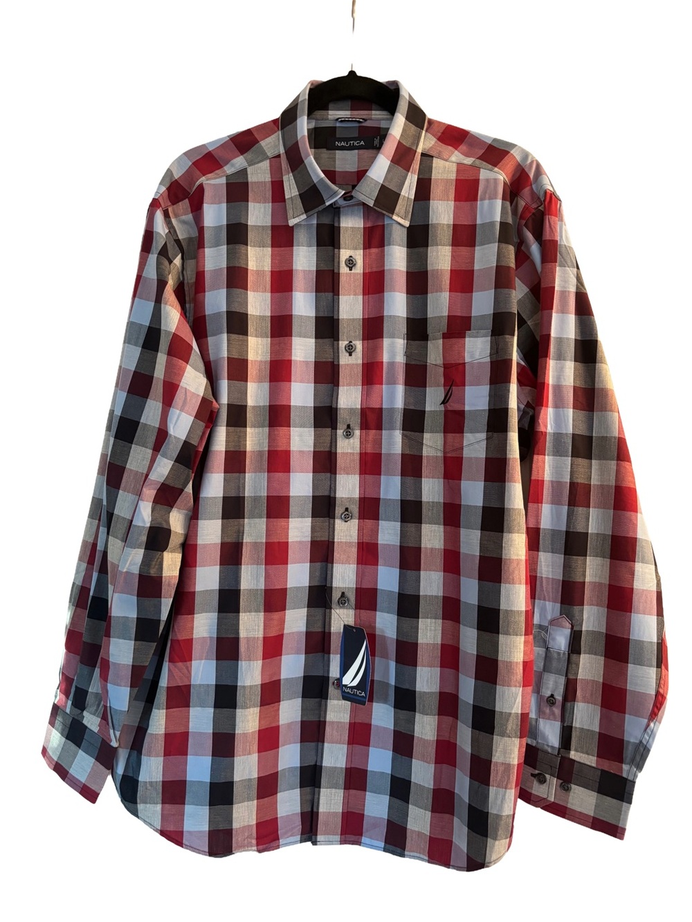 Nautica 100% Cotton Biking Red Checked Plaid Button Down Shirt L NWT